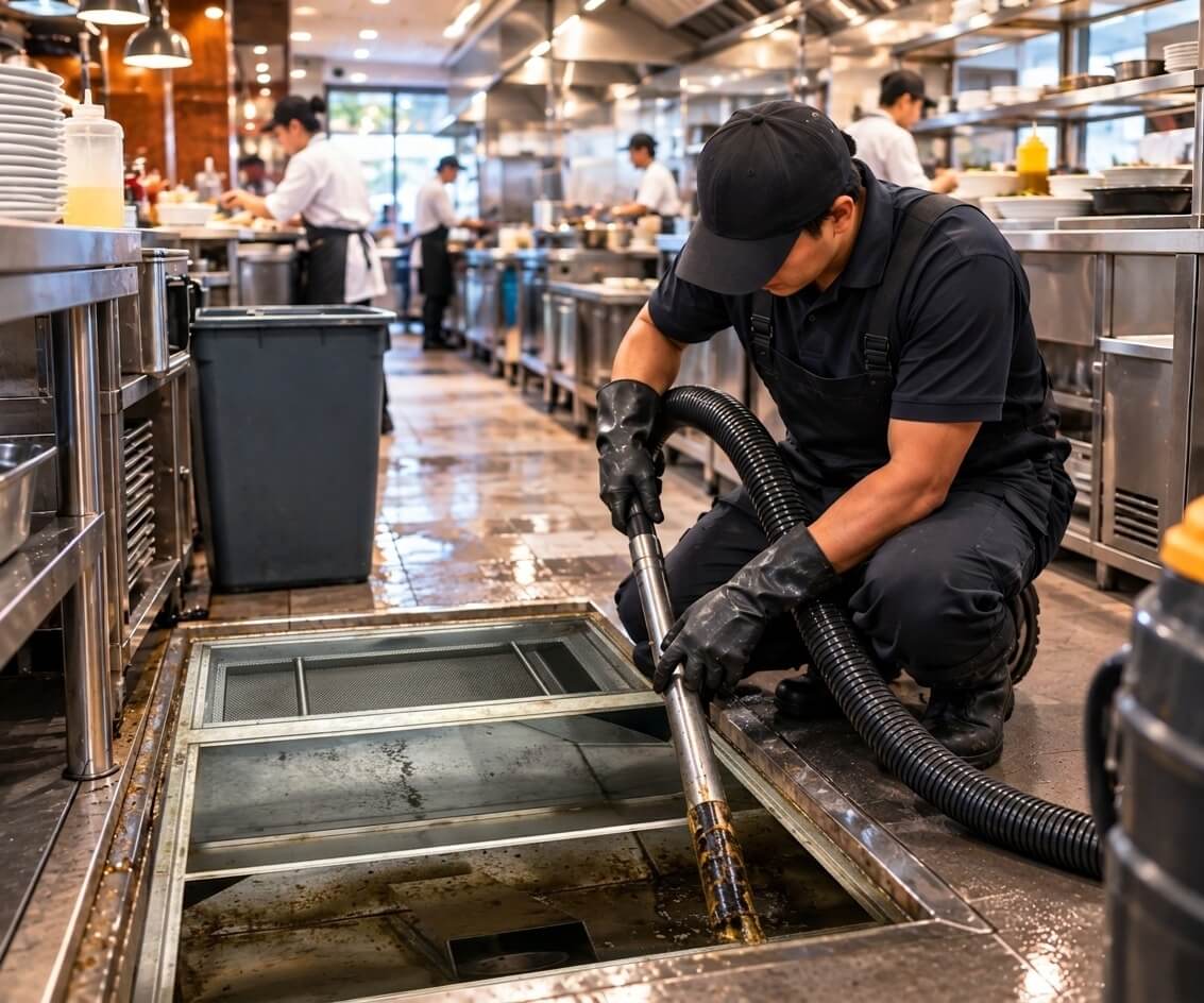 FTH Solutions technician servicing a grease trap in a busy commercial kitchen