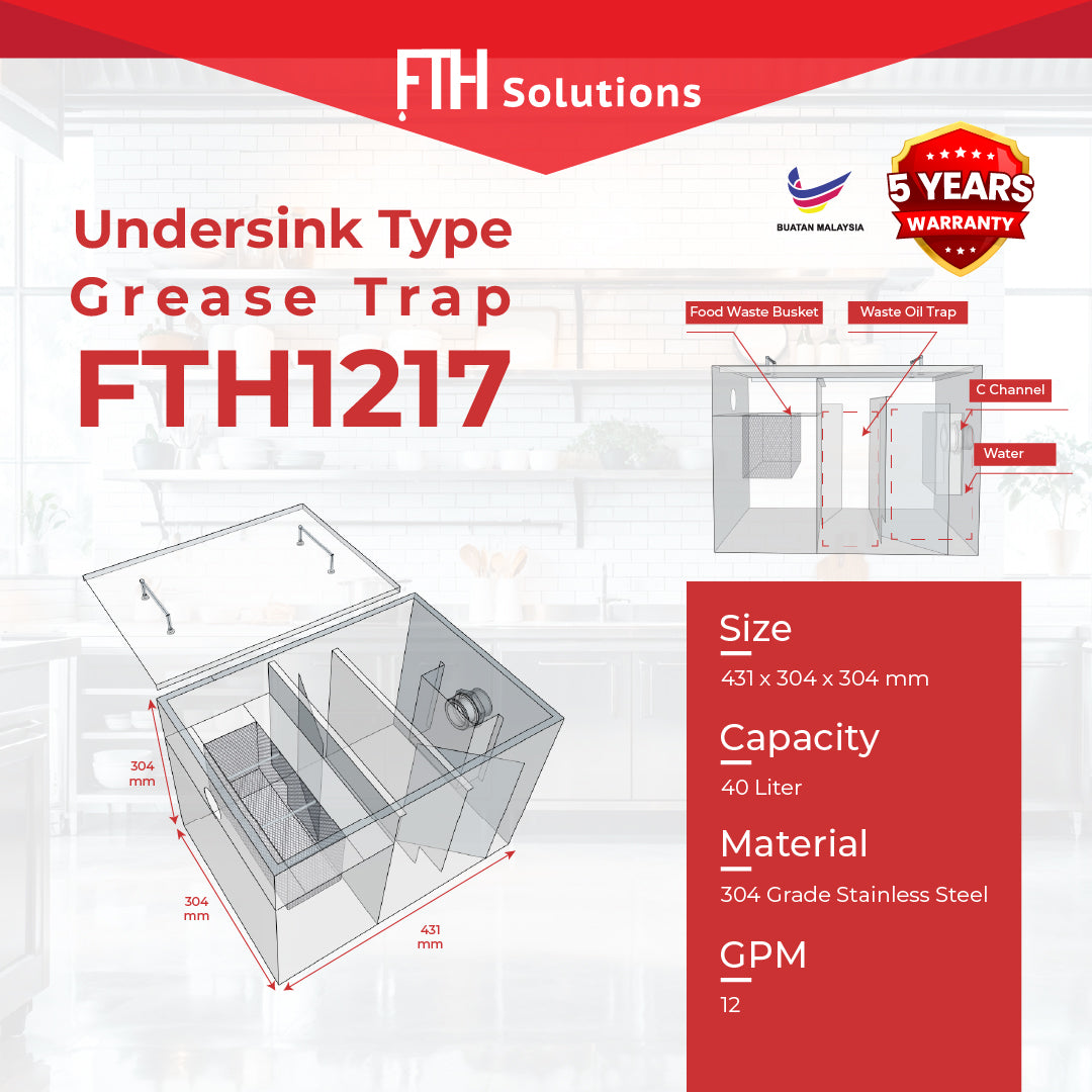 FTH1217 undersink grease trap, 304 stainless steel, 40 liter capacity, 431 x 304 x 304 mm, 5 year warranty