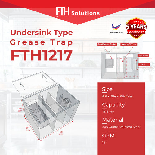FTH1217 undersink grease trap, 304 stainless steel, 40 liter capacity, 431 x 304 x 304 mm, 5 year warranty