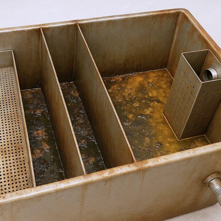 Grease trap before cleaning with built up grease and residue